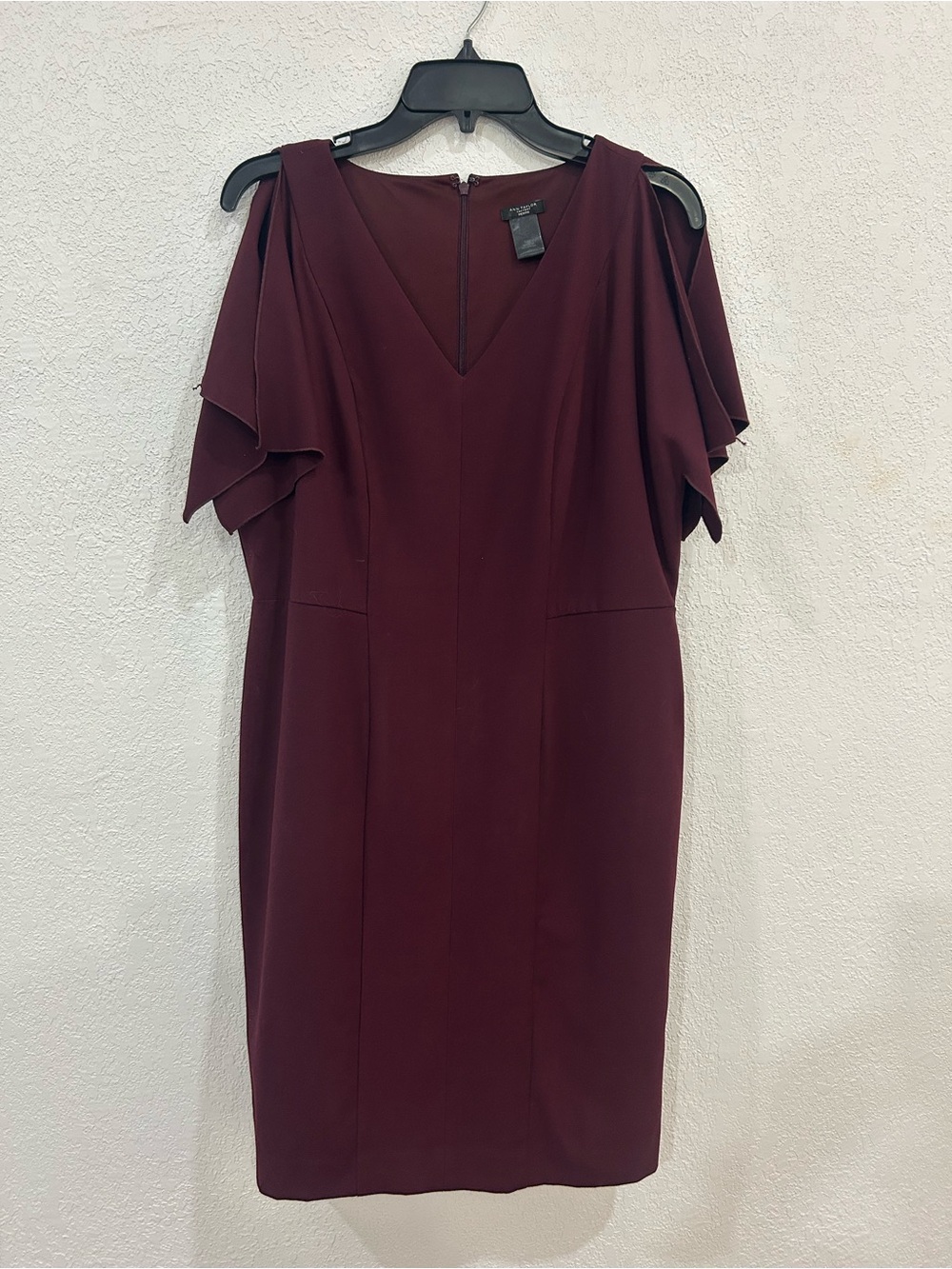 Ann Taylor Burgundy V-Neck Flutter Sleeve Midi Dress